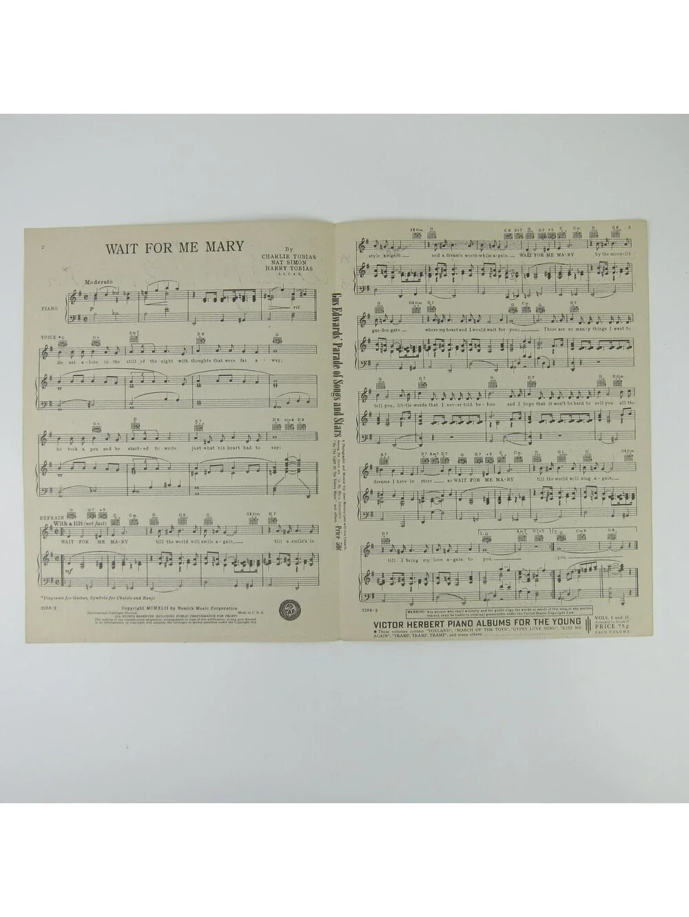 Sheet Music Wait For Me Mary Nat Simon Charlie & Harry Tobias Vintage 1943